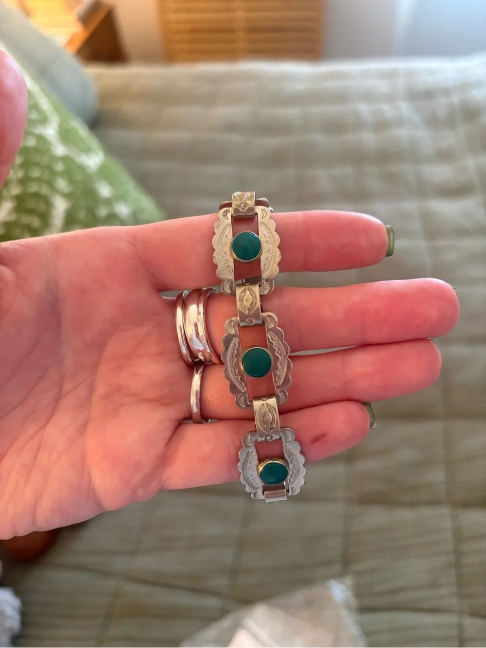 Sterling Silver Green Stone Link Bracelet